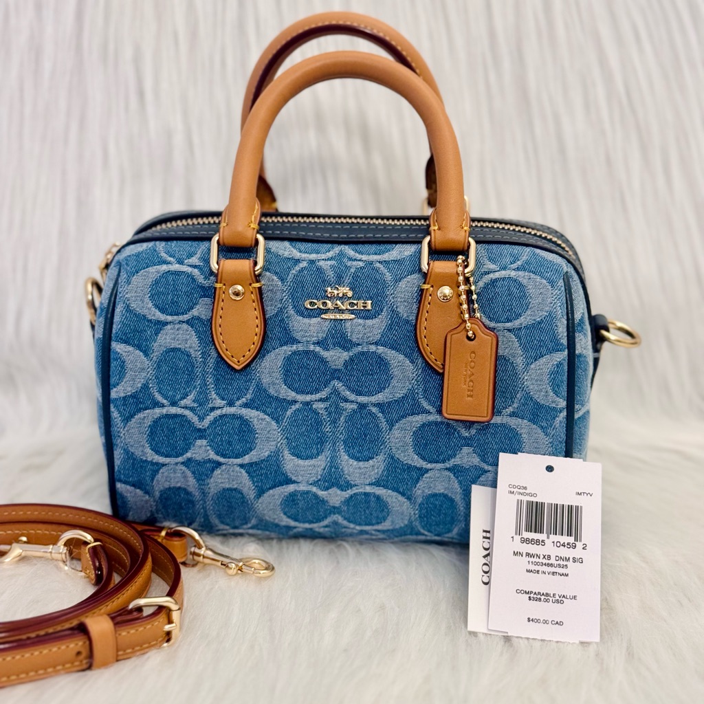 Nwt Coach Mini Rowan Crossbody Bagin Signature Denim Cdq36 Gold/Indigo